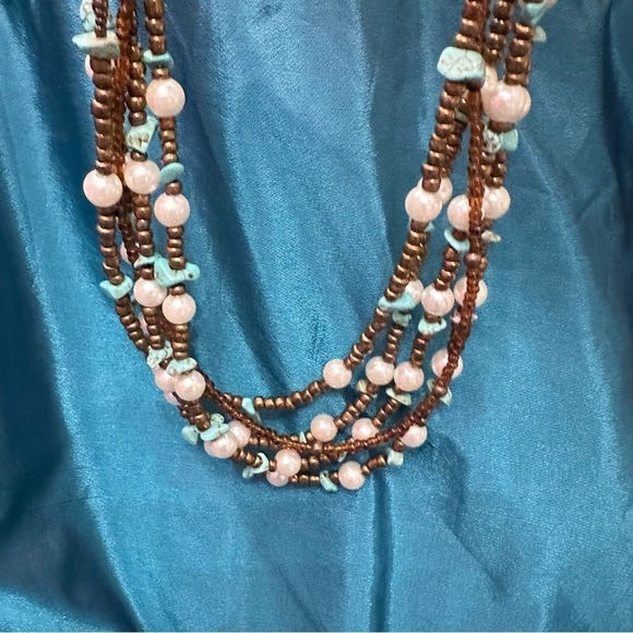 Woman’s 5 strand, multi beaded necklace, mixed beads, turquoise chips 5395 P - Picture 10 of 11